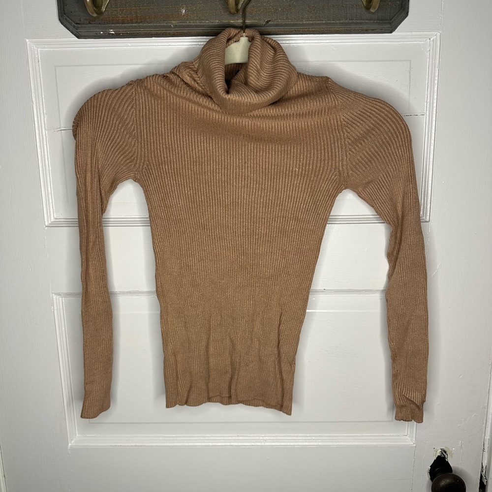 Tan Stretchy Ribbed Long Sleeve Turtle Neck